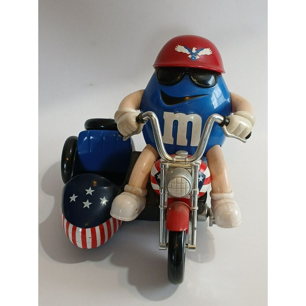 M&M’s Motorcycle Candy Dispenser with Sidecar & Rider Red White Blue USA Patriot